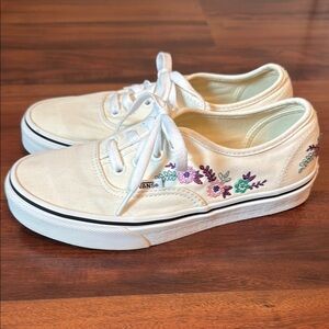 Vans Women's Cream Sneakers with Purple Floral Embroidered Design
